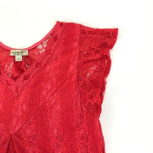 One World V-Neck Asymmetrical Dress Women's Medium Red Pink Lace Lined Stretch - Picture 7 of 12